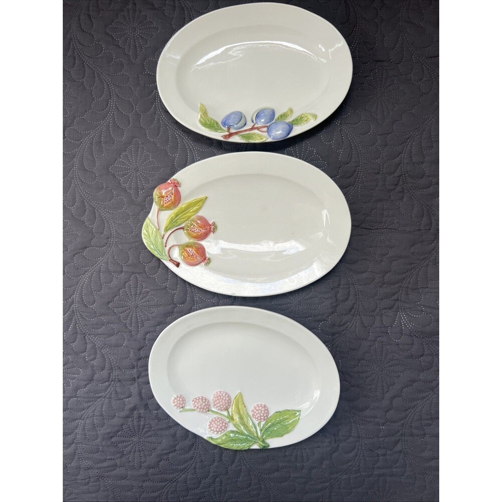 VTG San Marco Nove Italy Majolica 3pc Set, 9" Oval 3D Floral Fruit Salad Plates